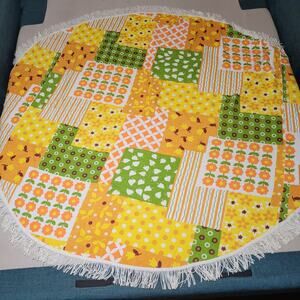 Vintage 64” Round Terry Tablecloth with Floral Fringe Brown Green Orange Yellow